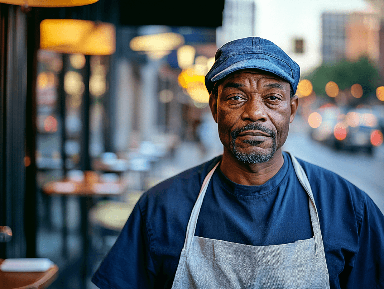 Local business owner in blue cap and white apron